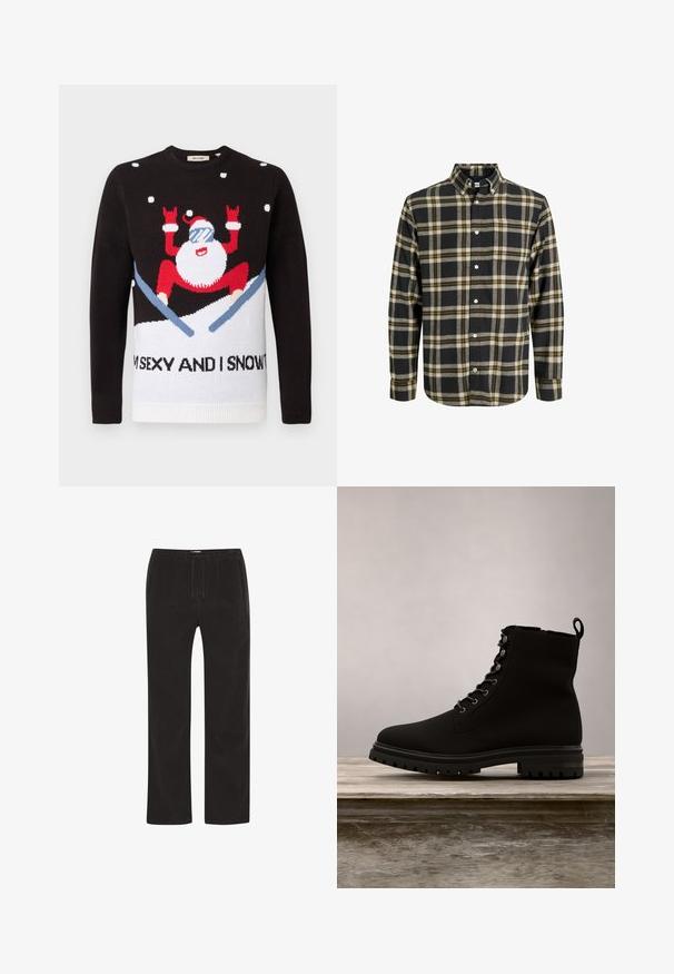Pull en tricot noir avec une section inférieure blanche présentant une figurine de Père Noël en rouge avec des lunettes de soleil et de la neige. Le texte dit : "JE SUIS SEXY ET JE LE SAIS."; Chemise à carreaux noirs présentant des lignes horizontales et verticales en jaune et gris, avec un col boutonné et des manches longues.; Pantalon en velours côtelé noir à coupe décontractée, avec une taille à cordon de serrage et des jambes droites. Surface texturée avec des rayures verticales.; Bottine noire à la cheville en matériau lisse. Caractéristiques : design à lacets, bout rond et semelle en caoutchouc avec motif de traction.