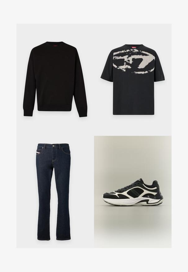 Sweatshirt noir en tissu doux, présentant un col rond, des poignets et un ourlet côtelés, avec un logo subtil sur la poitrine.; T-shirt noir avec un grand motif abstrait gris clair sur le devant. Manches courtes et encolure ronde classique. Matière en coton.; Jean en denim bleu marine à coupe droite, avec des coutures orange, une fermeture à bouton en métal et un petit logo sur la poche arrière.; Baskets basses noir et blanc avec semelle blanche épaisse et panneaux détaillés, vues de côté sur un fond gris clair.