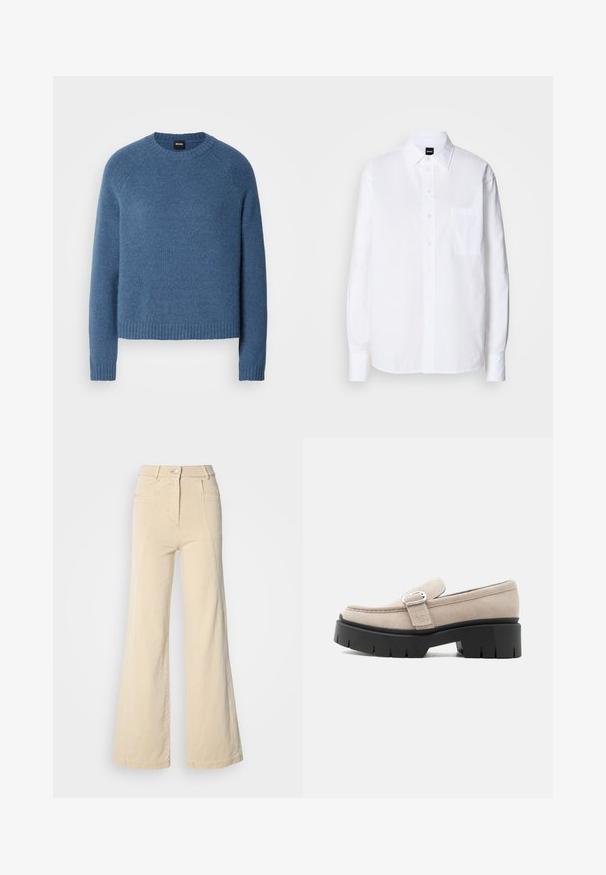 Pull bleu confortable en fabric doux, avec un col et des poignets côtelés, une coupe décontractée et une texture subtile.; Chemise blanche à boutons, en coton, avec un col classique, des manches longues, une poche poitrine et une texture lisse et structurée.; Jeans beige à jambes larges avec taille haute, poches avant, et couture contrastée, dotés d'une fermeture à bouton et d'une texture en coton lisse.; Mocassin en daim beige avec boucle argentée et semelle épaisse noire, vue de côté sur fond blanc.
