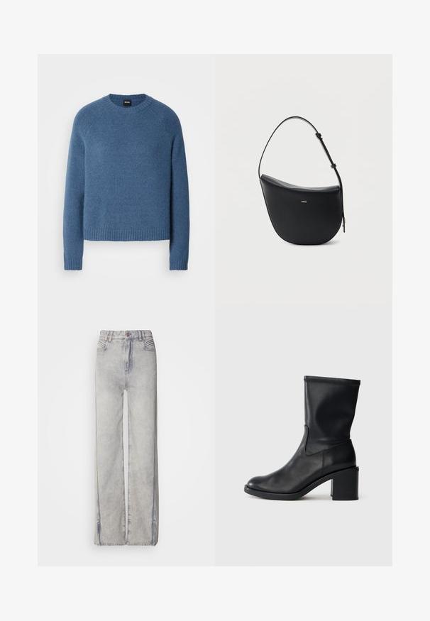 Pull bleu confortable en fabric doux, avec un col et des poignets côtelés, une coupe décontractée et une texture subtile.; Jean large en denim bleu clair avec un délavage, doté d'une fermeture éclair, de cinq poches et de coutures contrastantes.; Botte en cuir noir à cheville avec un bout rond, texture lisse et un talon épais, présentant un tige ajustée et un subtil détail de couture.; Sac à bandoulière en cuir noir en forme de demi-lune avec une bandoulière réglable et le logo doré « BOSS » centré sur le devant.