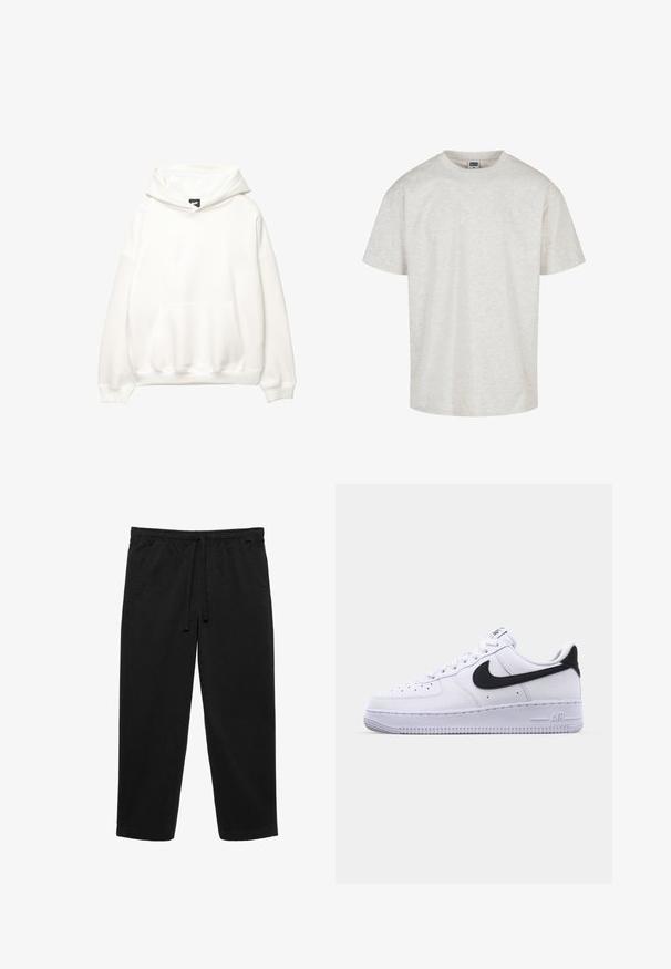 Hoodie blanc avec une poche avant, capuche à cordon de serrage et poignets côtelés. Texture lisse avec un branding minimaliste sur la poitrine.; T-shirt en coton gris clair à manches courtes, avec un col rond et une coupe décontractée. Tissu texturé avec un motif chiné subtil.; Pantalon noir à jambes droites avec taille élastique et cordon de serrage à l'avant, doté de poches latérales et d'une coupe décontractée.; Sneaker en cuir blanc avec un Swoosh noir texturé, des lacets plats et une semelle en caoutchouc avec un motif strié. "AIR" est embossé sur le talon.