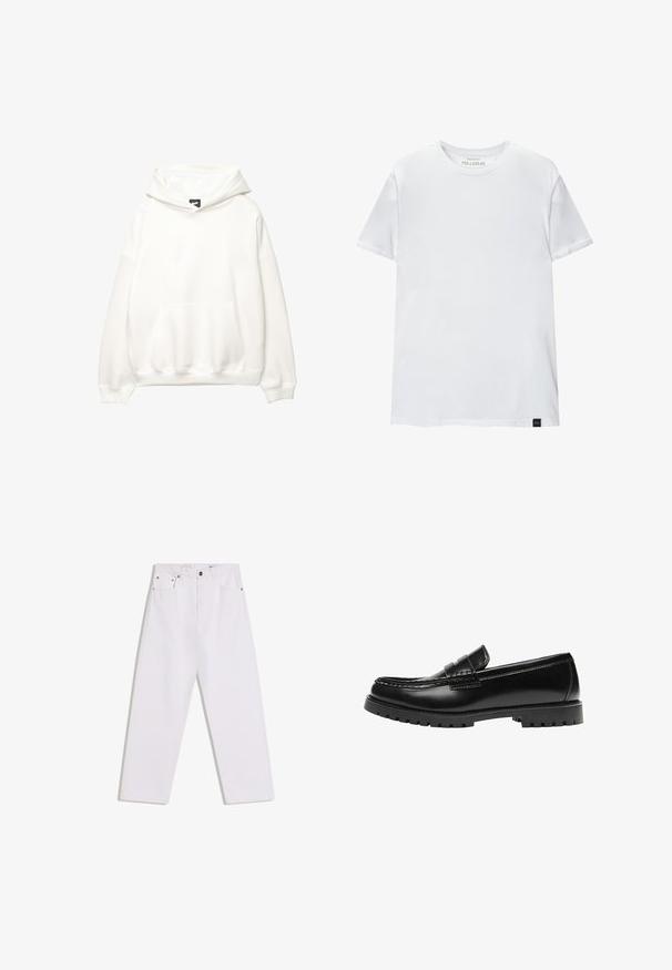 Hoodie blanc avec une poche avant, capuche à cordon de serrage et poignets côtelés. Texture lisse avec un branding minimaliste sur la poitrine.; T-shirt ajusté blanc en coton. Col rond, manches courtes, texture lisse. Petite étiquette noire au bas. Design sobre.; Jean blanc droit avec cinq poches, passants pour ceinture, et fermeture à bouton et glissière à l'avant sur un fond uni.; Mocassin en cuir noir avec une semelle en caoutchouc épaisse et un détail classique de bride à monnaie, vu de côté extérieur.
