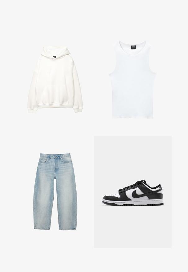 Hoodie blanc avec une poche avant, capuche à cordon de serrage et poignets côtelés. Texture lisse avec un branding minimaliste sur la poitrine.; Débardeur blanc sans manches en coton côtelé. Présente un col rond et une texture lisse. L'étiquette indique "PULL&BEAR."; Jean en denim bleu clair à jambes larges avec poches avant, passants pour ceinture et fermeture par bouton.; Baskets Nike Dunk en noir et blanc avec une tige en cuir, un bout perforé, des lacets noirs et une semelle en caoutchouc noir avec un motif de semelle.
