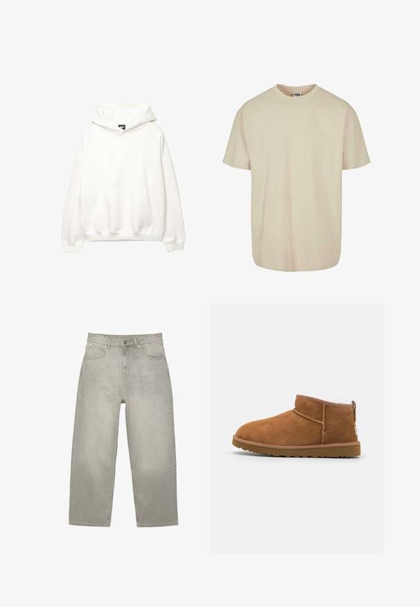 Hvid hættetrøje med en frontlomme, snor i hætten og ribbede manchetter. Glat tekstur med minimal branding på brystet.; Kortærmet t-shirt i lys beige bomuld med rund halsudskæring, med en afslappet pasform og glat tekstur, ingen synlige mønstre eller detaljer.; Lysegrå jeans med lige ben, forlommer, bæltestropper og lukning med knap og lynlås, lagt fladt på en hvid baggrund.; Sandal mellemhøje støvler i tan ruskind med en rund tå, subtile syninger og en tekstureret gummisål. Kort højde uden snørebånd.