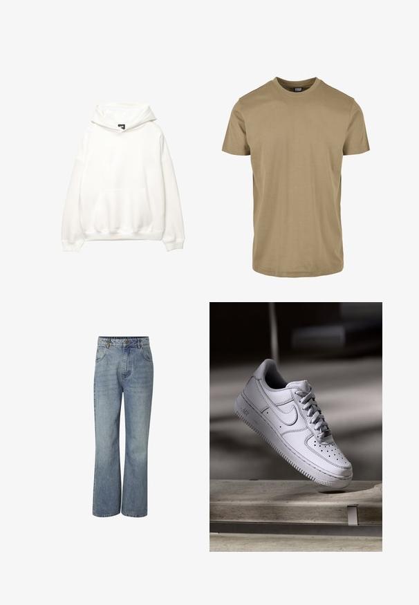 Hoodie blanc avec une poche avant, capuche à cordon de serrage et poignets côtelés. Texture lisse avec un branding minimaliste sur la poitrine.; T-shirt en coton kaki avec un col rond, des manches courtes et un design uni. Le tissu semble lisse sans motifs ni logos visibles.; Jean en denim bleu taille haute avec jambes larges, fermeture à boutons sur le devant, passants pour ceinture et poches devant et derrière.; La basket Nike Air Force 1 en cuir blanc présente un embout perforé, des lacets plats et une semelle en caoutchouc texturée avec le logo « AIR » sur le côté.