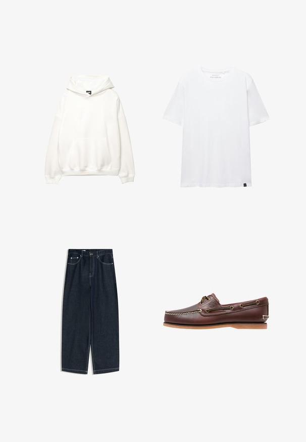 Hvid hættetrøje med en frontlomme, snor i hætten og ribbede manchetter. Glat tekstur med minimal branding på brystet.; Hvid kortærmet T-shirt i almindelig pasform med rund halsudskæring og lille sort stofetiket i bundkanten.; Mørkeblå denim bukser med bred benpasform og mellemhøj talje. Har kontrastsyninger, fem lommer og en knaplukning foran.; Brun læder bådsko med hvide sømme, snøre detaljer og lysbrun gummisål, vist fra siden på hvid baggrund.