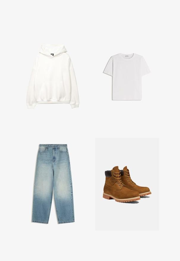 Hvid hættetrøje med en frontlomme, snor i hætten og ribbede manchetter. Glat tekstur med minimal branding på brystet.; Hvid bomuld T-shirt med rund halsudskæring og korte ærmer. Har en klassisk, firkantet form uden synlige mønstre eller detaljer.; Lyseblå high-waist vidbenede jeans med falmet vask, frontknaplukning og fem-lomme design.; Brune ruskinds ankelstøvler med en polstret sort krave, gyldne snørehuller og en tyk gummisål med en mønster, der giver godt greb.