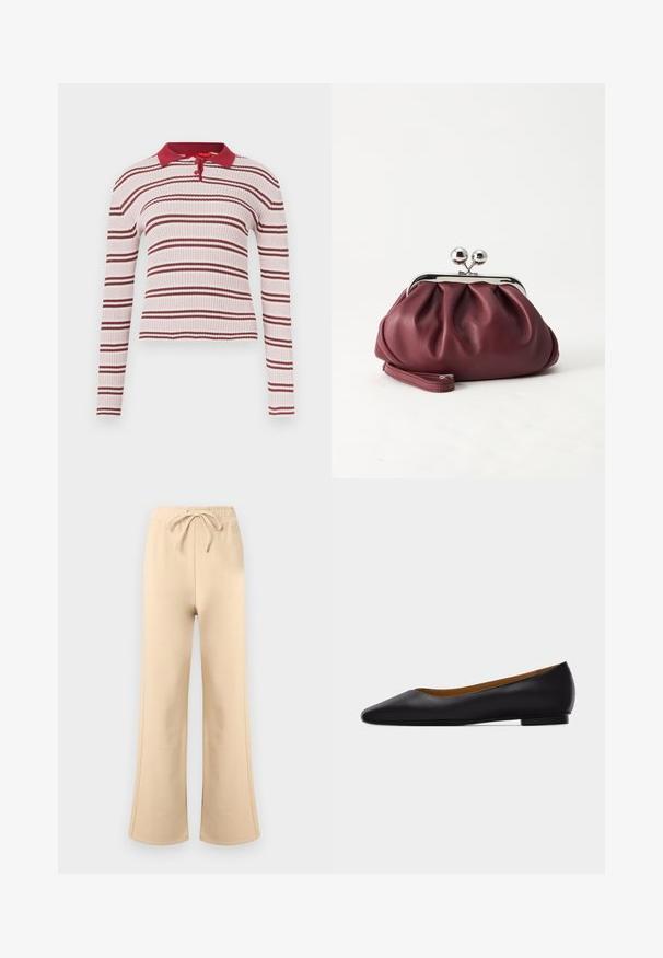 Haut à manches longues côtelé rose clair avec des rayures horizontales bordeaux, col polo et patte de boutonnage à trois boutons. La texture semble douce et extensible.; Pantalon de survêtement beige à jambes larges avec taille élastique et cordon de serrage, coutures latérales discrètes et logo de la marque légèrement visible près de la taille.; Chaussure plate en cuir noir à bout pointu avec talon bas et finition lisse, vue de côté sur un fond gris clair.; Petit sac pochette en cuir bordeaux avec fermoir métallique argenté et bracelet sur fond blanc.