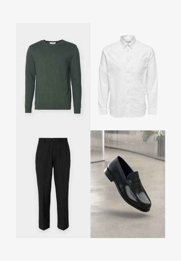 Groene ronde hals trui gemaakt van een textuur gebreide stof. Heeft lange mouwen en ribgebreide boorden en onderkant voor een aansluitende look.; Wit overhemd met lange mouwen, knopen, kraag en borstzak, met het label "Selected Homme" aan de binnenkant van de kraag.; Zwarte broeken van soepele stof, met een rechte pijpconstructie, vo pockets, een enkele knoopsluiting en geen zichtbare patronen.; Zwarte leren loafers met een gladde afwerking, een afgeronde neus, decoratieve stiksels en een licht verhoogde zool.