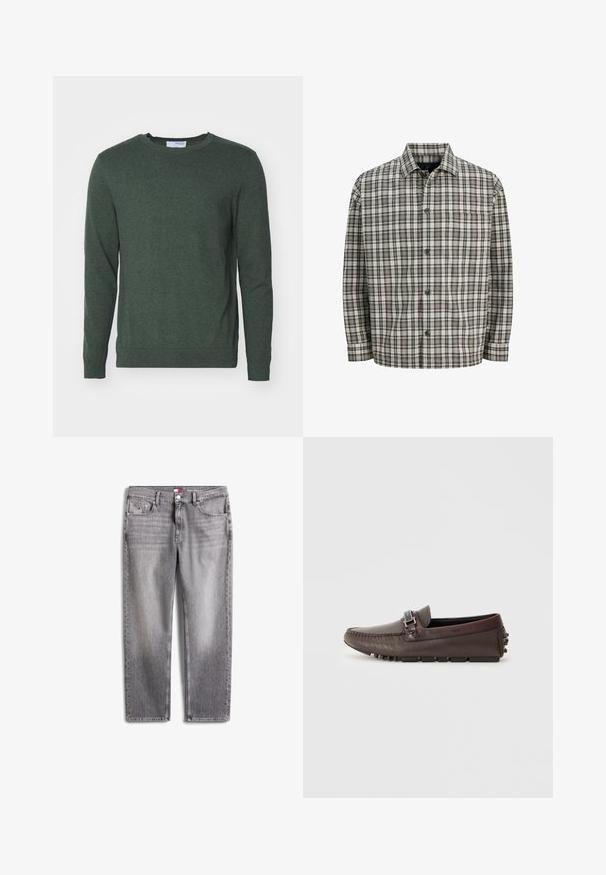 Jersey de cuello redondo verde hecho de una tela de punto texturizada. Presenta mangas largas y puños y dobladillo acanalados para un aspecto ajustado.; Camisa de cuadros de botones en gris, negro y blanco. Cuenta con cuello, mangas largas y un bolsillo parche en el pecho izquierdo.; Vaqueros de mezclilla gris con corte de pierna recta, con detalles descoloridos, un botón plateado y una pequeña etiqueta con el logo en la pretina.; Zapato marrón de cuero tipo slip-on con un acabado texturizado, hebilla decorativa y suela de goma con detalles de agarre texturizado.