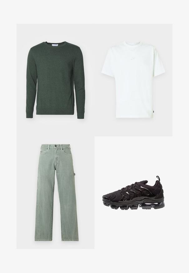 Grøn crew neck sweater lavet af et struktureret strikket stof. Har lange ærmer og ribbede manchetter og kant for et tætsiddende udseende.; Hvid bomuld T-shirt med rund hals, korte ærmer og lille præget Nike-logo på brystet. Blød tekstur og afslappet pasform.; Lysegrønne cowboybukser med vide ben lavet af denim, der har et klassisk design med fem lommer og subtile slidte detaljer.; Sorte atletiksko med et tekstureret stofoverdel, metalliske detaljer og en markant luftfyldt sål. Har distinkte bølge-lignende designelementer.