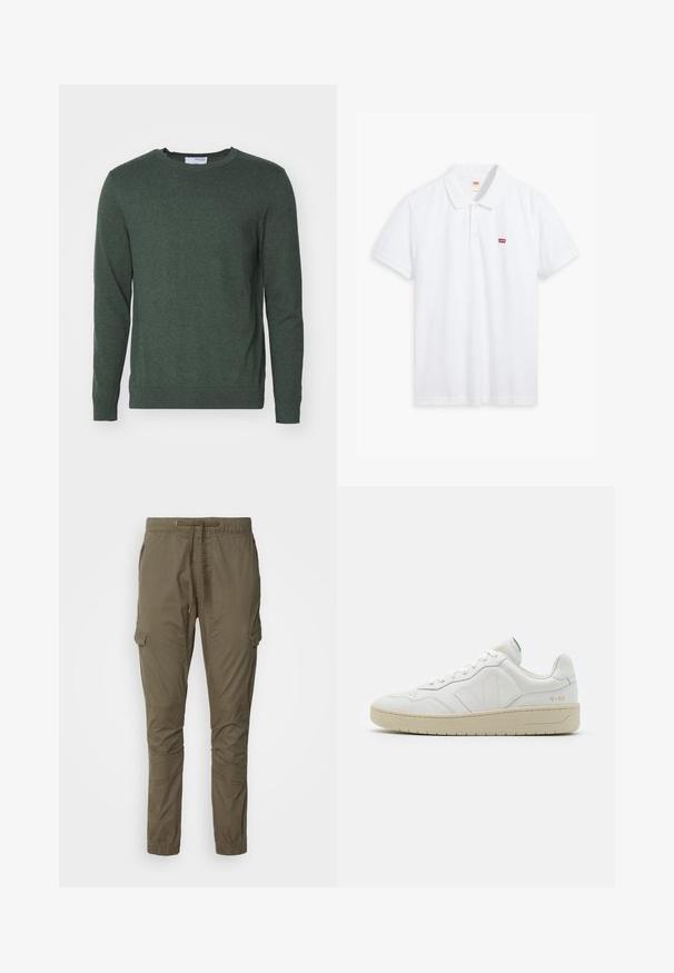 Jersey de cuello redondo verde hecho de una tela de punto texturizada. Presenta mangas largas y puños y dobladillo acanalados para un aspecto ajustado.; Polo blanco hecho de algodón. Presenta una tapeta de tres botones, mangas cortas y un pequeño logo rojo de Levi's en el lado izquierdo del pecho.; Pantalones cargo verde oliva con cintura elástica ajustable, bolsillos laterales y piernas ajustadas, que cuentan con paneles en las rodillas y un tejido suave y transpirable.; Zapatillas blancas de cuero con un acabado texturizado y cuello acolchado. Cuentan con una suela de goma beige y un sutil logotipo en el talón y el lado.