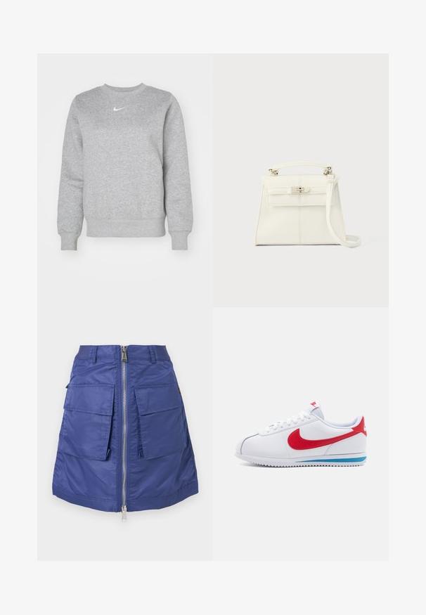 Grau Sweatshirt aus weichem Stoff, mit Rundhalsausschnitt, gerippten Bündchen und kleinem weißen Nike-Logo auf der Brust.; Marineblaue Nylon-Rock mit einem frontalen Reißverschluss. Verfügt über zwei große aufgenähte Taschen und eine strukturierte Silhouette. Glatte Textur.; Weißer Sneaker mit rotem Swoosh, blauen Akzenten an der Sohle und weißen Schnürsenkeln. Strukturierte Oberseite mit gestickten Details. Klassisches Design.; Weiße Lederhandtasche mit klarer Form, oberem Griff, abnehmbarem Schulterriemen und silberner Verschlussklemme. Glatte Textur, minimalistisches Design.