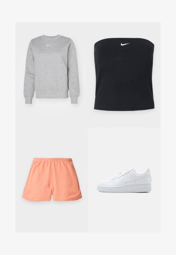Hallitus sweatshirt, mis on valmistatud pehmest kangast, omab ümarat kaelust, soonikkoes mansette ja rinda väikest valget Nike logo.; Must Nike rihmadeta torukujuline topp, millel on valge Swooshi logo peaaegu ülemise serva keskel, ühtlane taust.; Roosa ribaga spordilühikesed püksid elastse vöökoha ja külgõmblustega, mille vasakus alumises nurgas on väike logo.; Valged madala lõikega Nike Air Force 1 tossud, millel on nööritav sulgemine, auguauguline varbakast ja küljele iseloomulik Swooshi logo.