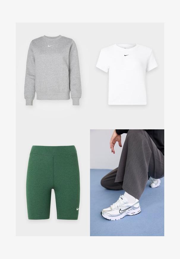 Hallitus sweatshirt, mis on valmistatud pehmest kangast, omab ümarat kaelust, soonikkoes mansette ja rinda väikest valget Nike logo.; Valge lühikeste varrukatega Nike lühike t-särk, millel on väike must Nike logo kaeluse all keskel.; Rohelised sportlikud lühikesed püksid, valmistatud elastseks kangast. Kõrge vöökohaga disain tasaste õmblustega ja valge Nike logoga alumisel vasakul säärel.; Valged ja hõbedased spordijalatsid, mis on valmistatud võrgusilma ja sünteetilistest materjalidest ning millel on mustad aktsentjooned, paelad ja tekstuuriga tallad.