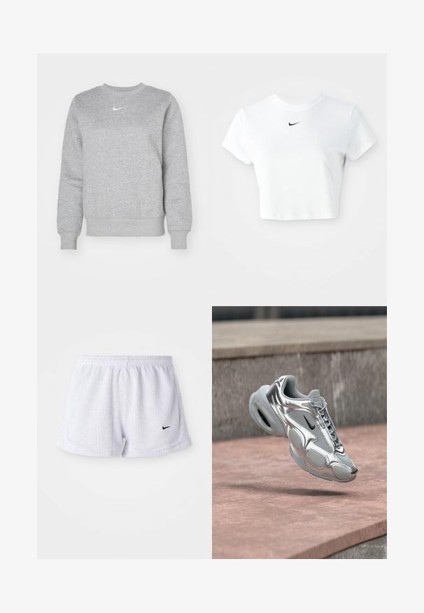 Grau Sweatshirt aus weichem Stoff, mit Rundhalsausschnitt, gerippten Bündchen und kleinem weißen Nike-Logo auf der Brust.; Weißes, kurz geschnittenes T-Shirt aus Baumwolle mit kurzen Ärmeln und rundem Ausschnitt, versehen mit einem schwarzen Nike-Logo auf der Brust.; Weiße, gerippte Sportshorts mit einem elastischen Bund und kleinem schwarzem Nike-Logo auf der unteren linken Seite. Schlichtes, minimalistisches Design.; Silberner und grauer Nike Air Sneaker mit schwarzem Swoosh, der über einer rosafarbenen Betonfläche und einem steinernen Absatz im Hintergrund schwebt.
