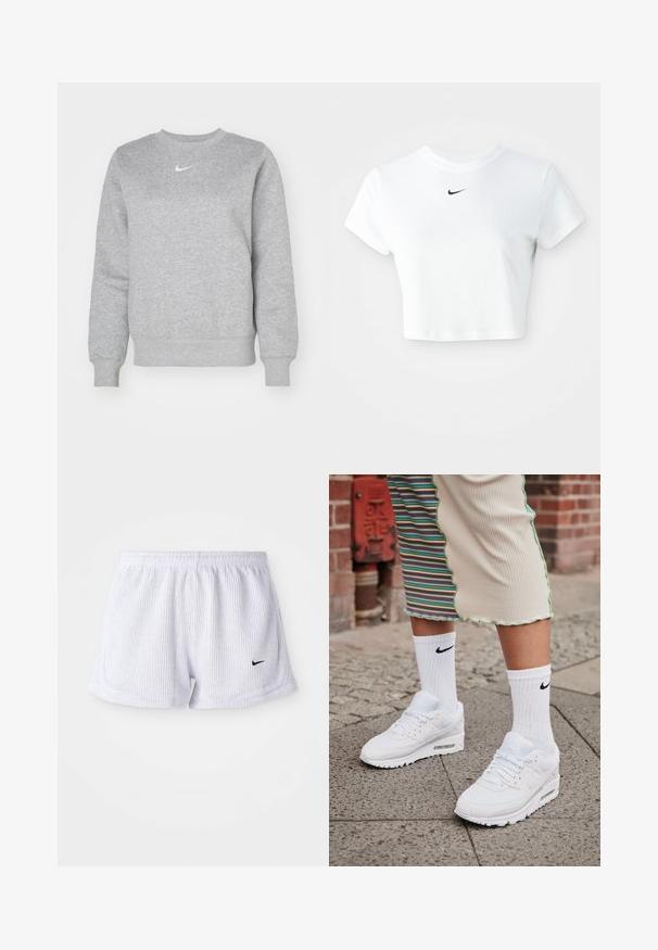 Hallitus sweatshirt, mis on valmistatud pehmest kangast, omab ümarat kaelust, soonikkoes mansette ja rinda väikest valget Nike logo.; Valge lühikeste varrukatega puuvillane lühike t-särk ümarate kaelustega, millel on rinna peal must Nike logo.; Valged, ribakujulised spordilühikesed püksid elastse vöökohtaga ja väike must Nike Logo alumises vasakus nurgas. Lihtne, minimalistlik disain.; Valged Nike Air Max 90 sneaksid, millel on silmade ja nahast pealispind, nähtava õhuüksusega, koos valgete soonikute sokkidega musta logoga.