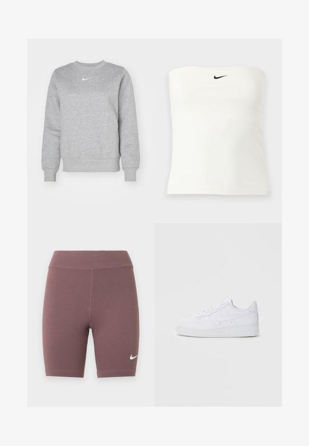 Grå sweatshirt lavet af blødt stof, med rund hals, ribbede manchetter og et lille hvidt Nike-logo på brystet.; Hvid stropløs Nike tube top med sort swoosh-logo centreret nær den øverste kant, vist på en simpel lys baggrund.; Bikershorts i en afdæmpet mauvefarve, lavet af elastisk stof. Har en høj talje og en lille hvid Nike swoosh-logo.; Hvide Nike Air Force 1 sneakers med læderoverdel, rund tå, snørelukning, polstret krave og struktureret gummisål.