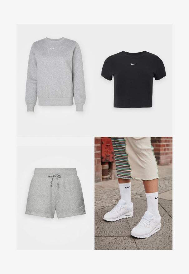 Grå sweatshirt lavet af blødt stof, med rund hals, ribbede manchetter og et lille hvidt Nike-logo på brystet.; Sort cropped t-shirt lavet af bomuld, med rund halsudskæring og korte ærmer. Bemærkelsesværdigt hvidt Nike-logo på brystet.; Grå atletiske shorts lavet af blødt stof, med en elastisk talje med snor, og et lille Nike-logo på den nederste venstre side.; Hvide Nike Air Max 90 sneakers med mesh og læderoverdel, der har en synlig luftenhed, parret med hvide ribbede sokker med sort logo.