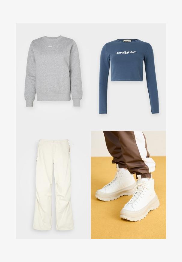 Huppari harmaata pehmeästä kankaasta, jossa on pyöreä kaula-aukko, ribbitaskut ja pieni valkoinen Nike-logo rinnassa.; Sininen lyhyt pitkähiha, valmistettu pehmeästä puuvillasta, jossa on valkoinen brodeeraus "lowlights" logo edessä. Sileä pinta, joustava kaula-aukko.; BDG Urban Outfitters BAGGY - Housut - cream; Valkoiset korkeavartiset tennarit, joissa on massiivinen, teksturoitu pohja. Sneakereissa on sileä päällinen, pyöreä kärki ja sävyyn sopivat nauhat, ja ne on asetettu keltaista taustaa vasten.