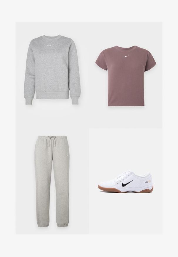 Grå sweatshirt lavet af blødt stof, med rund hals, ribbede manchetter og et lille hvidt Nike-logo på brystet.; Mauve ribbet kortærmet crop top med rund hals og lille hvid Nike-logo centreret under halsudskæringen.; Lys grå joggerbukser med elastisk talje, snørrebånd, sidelommer, manchetter ved anklerne og lille hvidt logo på den øverste lår.; Hvid Nike Total 90 III indendørs fodboldstøvle med sort swoosh-logo og gummisål, vist fra siden på en ensfarvet baggrund.