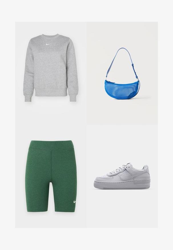 Sivá mikina vyrobená z mäkkej tkaniny, s okrúhlym výstrihom, ribbovanými manžetami a malým bielym logom Nike na hrudi.; Zelené športové šortky z elastickej látky. Dizajn s vysokým pásom, ploché švy a biele logo Nike na spodnej ľavej nohe.; Šedé tenisky Nike Air Force 1 s perforovanou špičkou, hladkým koženým zvrškom, hrubou podrážkou a embosovaným detailom 'AIR' na päte.; Modrá sieťovaná taška cez rameno s nastaviteľným popruhom a zipsovým zapínaním, zobrazená na jednoduchom bielom pozadí.
