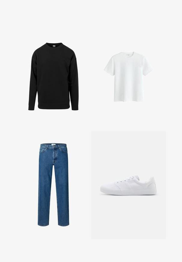 Sort sweatshirt lavet af blødt stof. Har en rund halsudskæring, lange ærmer og ribbede manchetter og kant. Enkel, udekoreret design.; Hvid kortærmet bomulds t-shirt med rund halsudskæring, vist på hvid baggrund.; Blå straight-leg denim jeans med knap- og lynlåslukning, bæltestropper og fem-lomme-design.; Hvide lærreds sneakers med gummisål, der har seks snørehuller, en struktureret tåkap og et minimalistisk design.