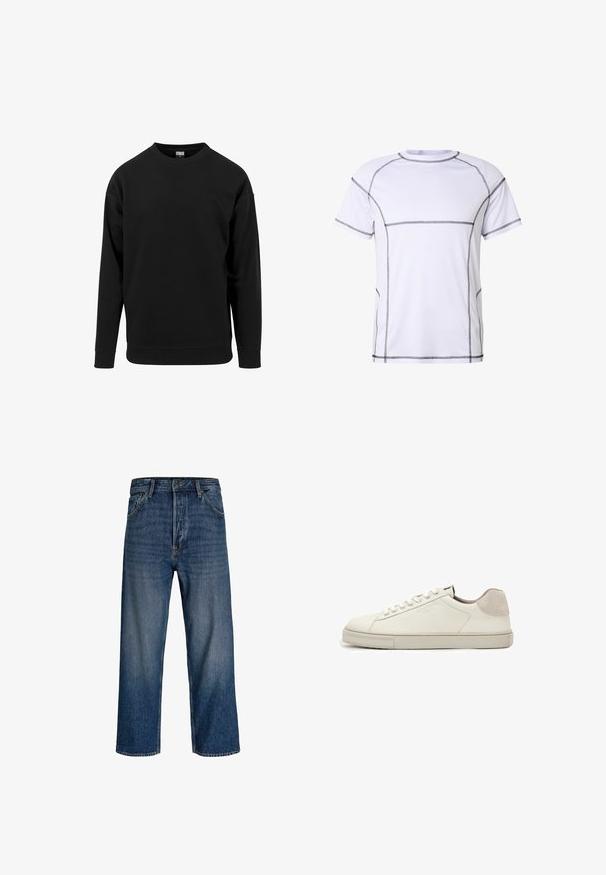 Sort sweatshirt lavet af blødt stof. Har en rund halsudskæring, lange ærmer og ribbede manchetter og kant. Enkel, udekoreret design.; Hvid atletisk T-shirt med korte ærmer med sort kontrastsøm, der aftegner sømme på skuldre, ærmer, bryst, sider og kant.; Denim jeans med lige ben-design, mørkeblå farve og subtil udvaskning. Har fem lommer og lukke med knap.; Hvid lavtopet lædersneaker med hvide snørebånd, let struktureret sål og lys grå ruskinds-hælpatch, sideudsigt.
