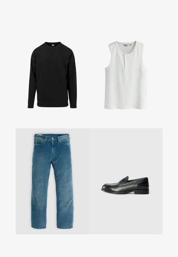 Sort sweatshirt lavet af blødt stof. Har en rund halsudskæring, lange ærmer og ribbede manchetter og kant. Enkel, udekoreret design.; Hvid ærmeløs ribstrikket top med rund hals og tre-knaps henley-plade i mellemstørrelse.; Lysblå fløjlsjeans med lige ben, der har frontlommer, lynlåsgylf og subtile vertikale ribber i stofstrukturen.; Sorte læder loafers med en glat overflade, syede detaljer over vamps og en let hævet hæl.