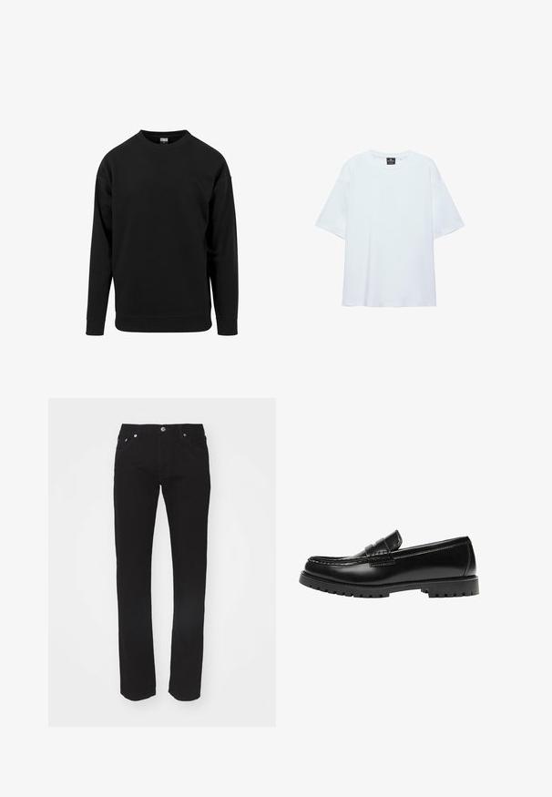 Sort sweatshirt lavet af blødt stof. Har en rund halsudskæring, lange ærmer og ribbede manchetter og kant. Enkel, udekoreret design.; Hvid, oversized T-shirt med korte ærmer og rund halsudskæring, med en sort etiket inde i kraven på en hvid baggrund.; Sorte denimjeans med lige ben, fem-lomme design og metalknaplukning i taljen. Glat tekstur, ingen synlige mønstre.; Sort læderloafer med en kraftig gummisål og klassiske penny-strap detaljer, vist fra ydersiden.