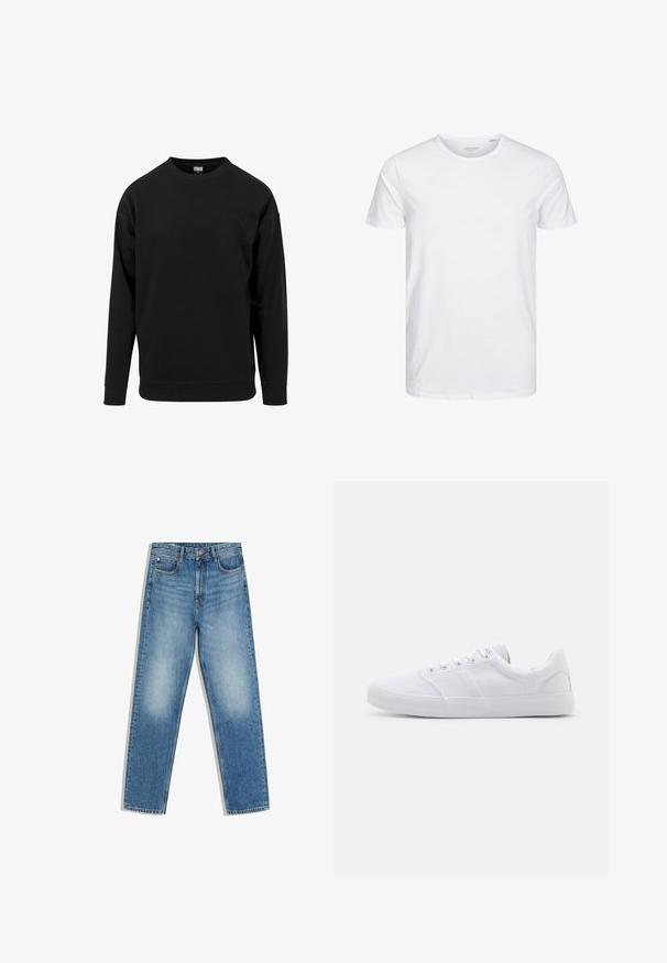 Sort sweatshirt lavet af blødt stof. Har en rund halsudskæring, lange ærmer og ribbede manchetter og kant. Enkel, udekoreret design.; Rundhals kortærmet t-shirt i ensfarvet hvid, lavet af blød bomuld, har et simpelt design uden synlige mønstre eller detaljer.; Blå denimjeans med høj talje, forreste knap og lynlås, to forlommer og falmede områder på lår og knæ.; Hvide lærreds sneakers med gummisål, der har seks snørehuller, en struktureret tåkap og et minimalistisk design.