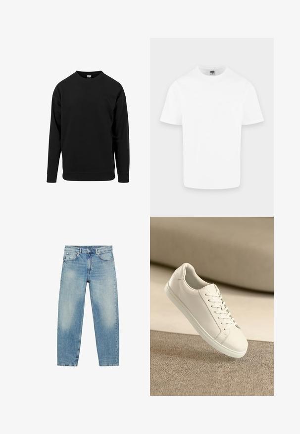 Schwarzes Sweatshirt aus weichem Stoff. Verfügt über einen runden Halsauschnitt, lange Ärmel und gerippte Bündchen sowie einen Saum. Einfaches, unauffälliges Design.; Schlichtes weißes Baumwoll-T-Shirt mit kurzen Ärmeln und Rundhalsausschnitt, dargestellt auf hellem grauem Hintergrund.; Blue Jeans mit geradem Bein, vorderen Taschen und Gürtelschlaufen, die leichte Verblassungen an Oberschenkeln und Knien zeigen.; Weißes Leder Sneaker mit weißen Schnürsenkeln, auf einer beigefarbenen strukturierten Oberfläche präsentiert, und einem sanft verschwommenen Hintergrund.