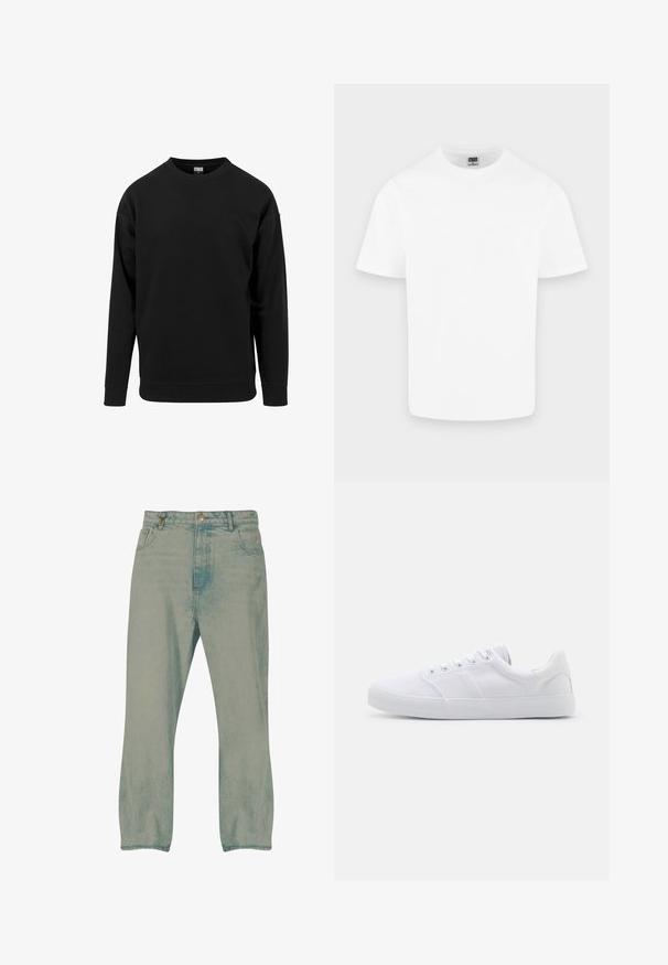 Sort sweatshirt lavet af blødt stof. Har en rund halsudskæring, lange ærmer og ribbede manchetter og kant. Enkel, udekoreret design.; Enkelt hvid kortærmet T-shirt med rund hals i bomuld vist på en lys grå baggrund.; Lyseblå jeans med lige ben, forrest knapper, bæltestropper og forlommer, vist mod en hvid baggrund.; Hvide lærreds sneakers med gummisål, der har seks snørehuller, en struktureret tåkap og et minimalistisk design.