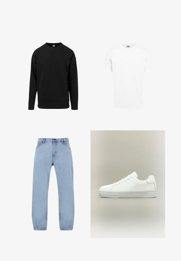 Sweatshirt noir en tissu doux. Il a un col rond, des manches longues, et des poignets et un ourlet côtelés. Design simple et sans embellissement.; T-shirt en coton blanc, manches courtes, col rond, coupe droite, texture douce, design simple, sans graphiques ni motifs.; Jean en denim bleu clair avec un design à jambes droites, comportant quatre poches, une fermeture éclair et des détails de couture dorée.; Baskets basses blanches à lacets, doté d'un col rembourré et d'une semelle en caoutchouc texturée, présentées de profil sur un fond neutre.