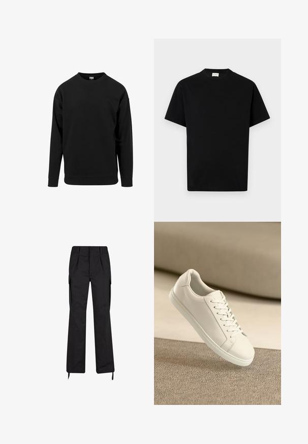 Sort sweatshirt lavet af blødt stof. Har en rund halsudskæring, lange ærmer og ribbede manchetter og kant. Enkel, udekoreret design.; Sort bomuld t-shirt med rund hals, korte ærmer og lige snit. Ingen synlige mønstre eller hardwaredetaljer.; Sorte cargo bukser med en afslappet pasform, der har sidelommer, plisseret frontdesign, justerbare ankelbind og er lavet af slidstærkt stof.; Hvide lædersneakers med hvide snørebånd, præsenteret på en beige tekstureret overflade og med en blødt uskarp baggrund.