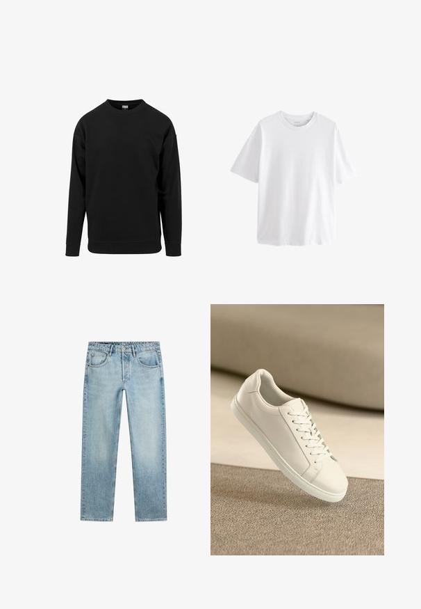 Schwarzes Sweatshirt aus weichem Stoff. Verfügt über einen runden Halsauschnitt, lange Ärmel und gerippte Bündchen sowie einen Saum. Einfaches, unauffälliges Design.; Schlichtes weißes T-Shirt mit kurzen Ärmeln und Rundhalsausschnitt in entspannter Passform vor weißem Hintergrund.; Hellblaue Jeans mit geradem Bein, Knopf- und Reißverschluss, fünf Taschen und einem ausgewaschenen, leicht getragenen Look. Keine sichtbare Markenkennzeichnung.; Weißes Leder Sneaker mit weißen Schnürsenkeln, auf einer beigefarbenen strukturierten Oberfläche präsentiert, und einem sanft verschwommenen Hintergrund.