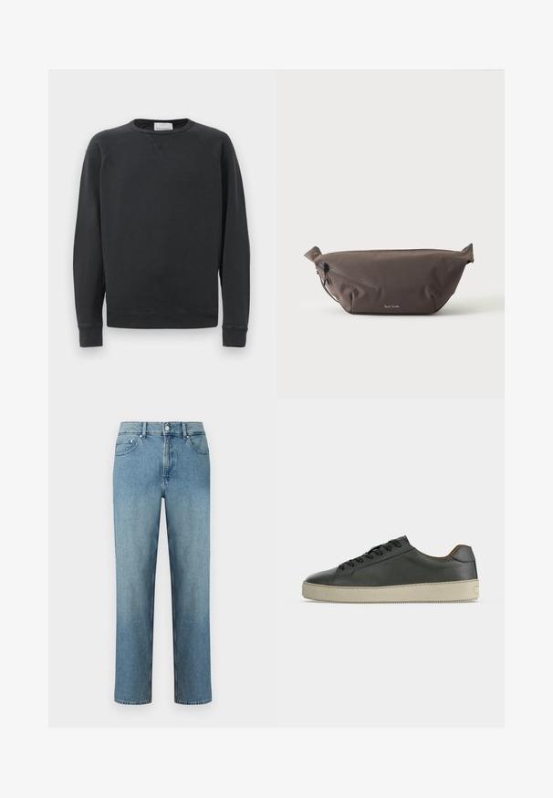 Zwarte lange mouw crewneck sweatshirt met geribbelde manchetten en onderrand, subtiele V-stiksel detail onder de kraag en merklabel aan de binnenkant van de hals.; Lichtblauwe spijkerbroek van denim met rechte pijpen, vijf zakken en een knoopsluiting in de taille. Gestikte details langs de naden.; Zwarte lage leren sneaker met zwarte veters en off-white rubberen zool, gezien vanaf de buitenkant op een witte achtergrond.; Donkerbruine stoffen heuptas met diagonale ritssluiting en klein wit logo aan de voorkant, tegen een effen lichte achtergrond.