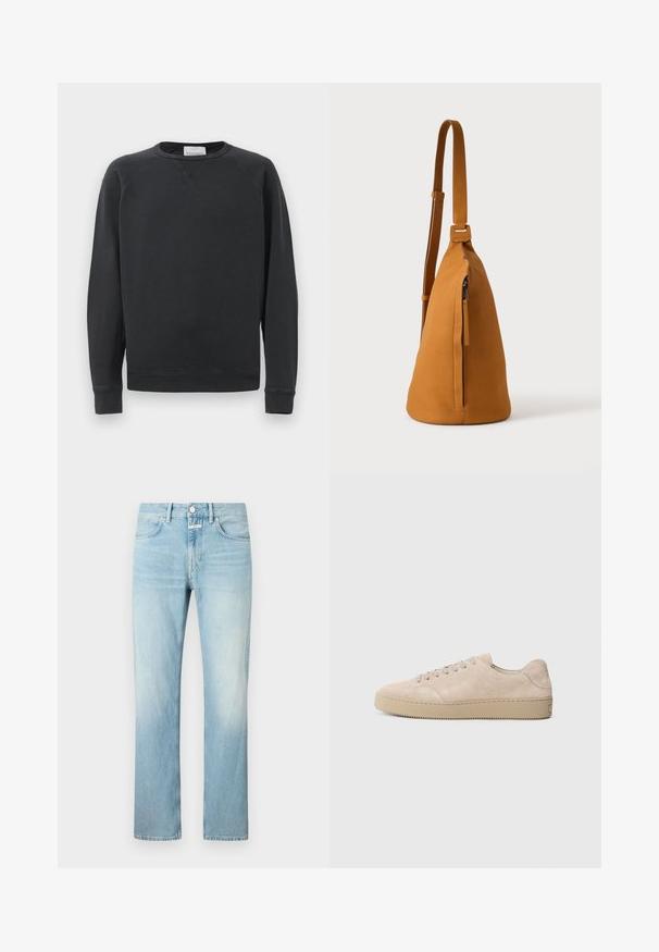 Sort langærmet crewneck sweatshirt med ribbede manchetter og kant, diskret V-syning under kraven og mærke etikette inden i halsudskæringen.; Lysblå denimjeans med lige ben, der har et klassisk femlomme-design og en knappelukning.; Beige ruskinds sneaker med en rund tå, flade snørebånd og en tekstureret gummisål. Minimalistisk design med glatte kanter og diskret syning.; Tan læder crossbodytaske med justerbar rem og lodret lynlåslomme, vist fra siden mod en ensfarvet lys baggrund.