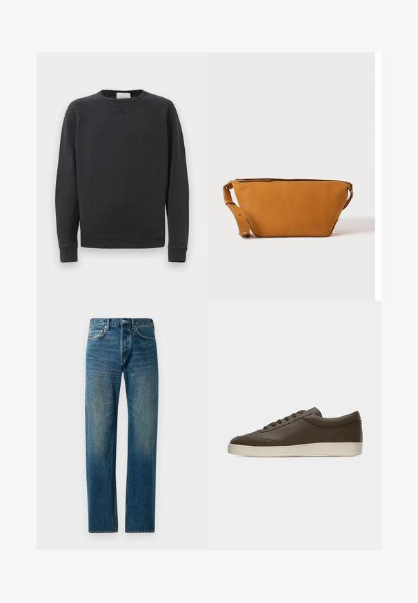 Zwarte lange mouw crewneck sweatshirt met geribbelde manchetten en onderrand, subtiele V-stiksel detail onder de kraag en merklabel aan de binnenkant van de hals.; Blauwe denim jeans met een recht gesneden ontwerp, voorzien van een vijf-pocketstijl, subtiele vervaging en contrasterende stikselaccenten.; Donkerbruine leren lage sneaker met veters aan de voorkant en een crèmekleurige rubberen zool, getoond vanaf de buitenkant tegen een witte achtergrond.; Lichtbruine leren crossbodytas met verstelbare band en ritssluiting, getoond tegen een effen lichte achtergrond.