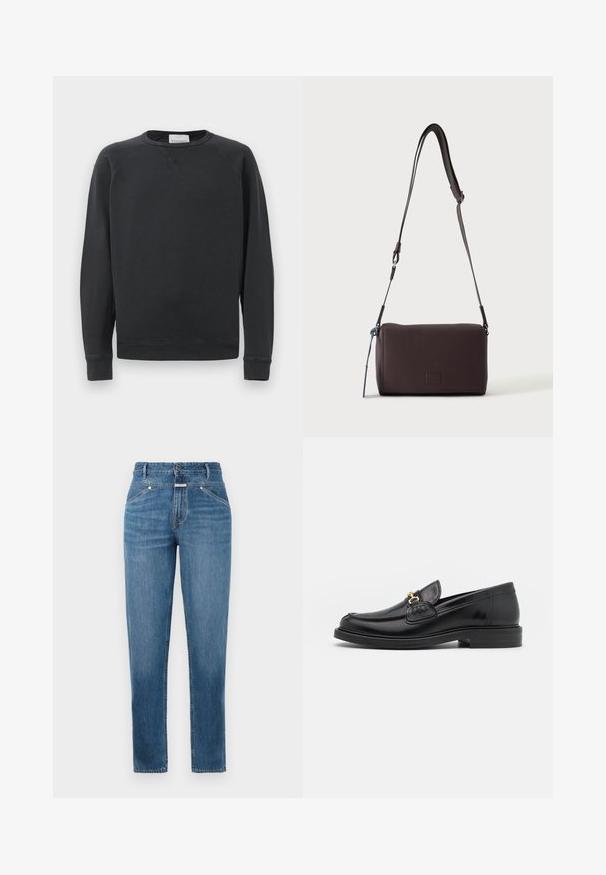 Sort langærmet crewneck sweatshirt med ribbede manchetter og kant, diskret V-syning under kraven og mærke etikette inden i halsudskæringen.; Blå, højtaljede straight-leg jeans med frontlommer, bæltestropper, knaplukning og subtile falmningdetaljer.; Sorte læder loafers med en rund tå, der har guld hardware accent og syningsdetaljer, placeret på en lav, tekstureret gummisål.; Mørkebrun textured læder crossbody taske med justerbar rem og lille dekorativ blå accent på siden.