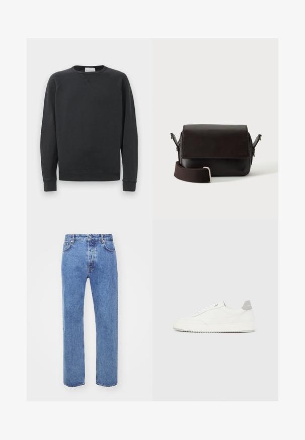 Sort langærmet crewneck sweatshirt med ribbede manchetter og kant, diskret V-syning under kraven og mærke etikette inden i halsudskæringen.; Won Hundred STEVE - Jeans Relaxed Fit - cut blue; Hvid lavtop-sneaker med gråt hælflig, hvide snørebånd og tekstureret sål, vist på en ensfarvet lys baggrund.; Mørkebrun lædertaske med flaplukning og justerbar stofrem på hvid baggrund.