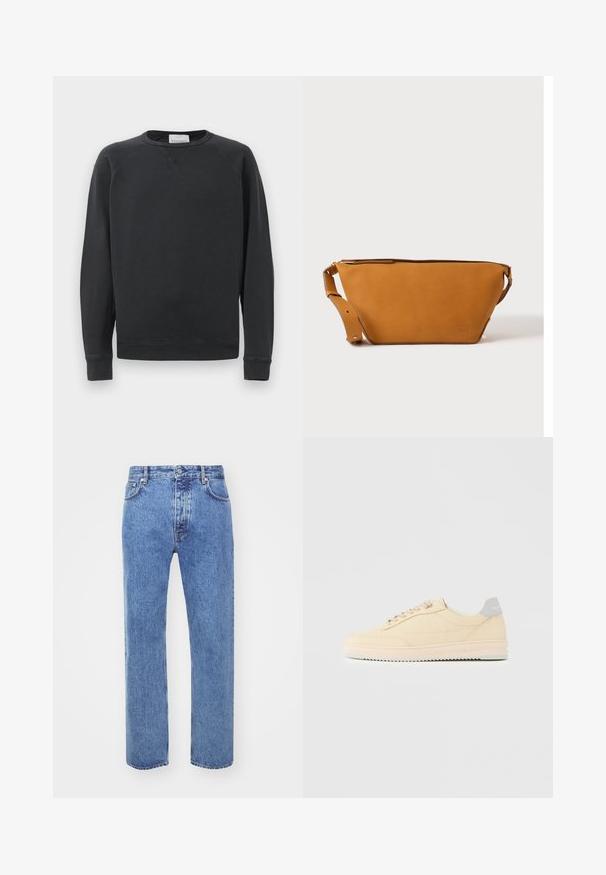 Sweatshirt noir à manches longues, col rond, avec des poignets et un ourlet côtelés, un détail de point en V subtil sous le col, et une étiquette de la marque à l'intérieur du col.; Won Hundred STEVE - Jean boyfriend - cut blue; Baskets basses beige à lacets, semelle rose clair et languette grise à l'arrière marquée "Filling Pieces", vues de profil sur fond uni.; Sac bandoulière en cuir marron clair avec sangle réglable et fermeture éclair, présenté sur un fond clair uni.