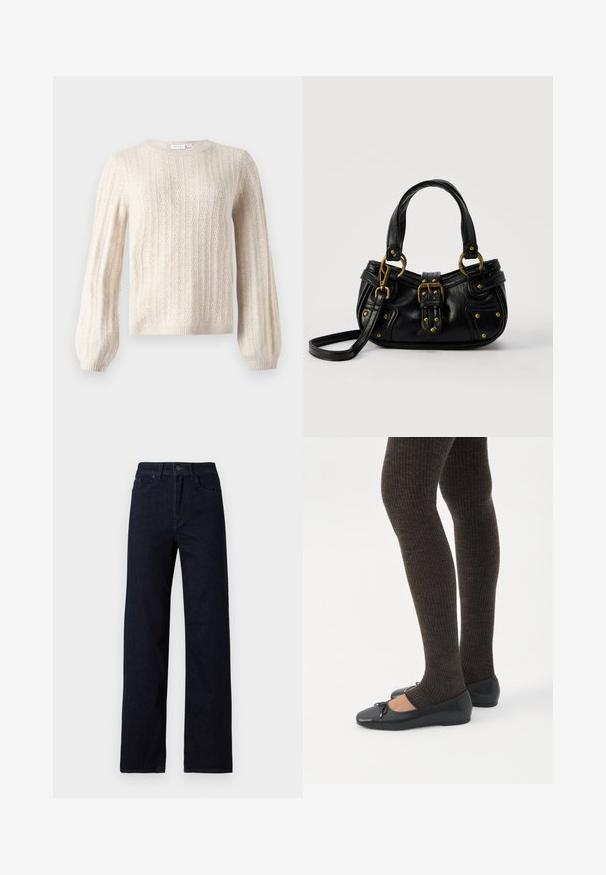 Pull en maille torsadée couleur crème avec de longues manches bouffantes et des poignets et un bas côtelés, doté d'un col rond.; Jeans en denim bleu foncé avec une coupe droite, comportant cinq poches, une fermeture à bouton sur le devant, et une texture subtile sans embellissements.; Jambes portant des leggings côtelés foncés associés à des ballerines noires avec de petits détails en nœud sur fond blanc.; Sac à main en cuir noir avec boucle dorée et détails à rivets, poignées courtes et bandoulière réglable sur fond blanc uni.