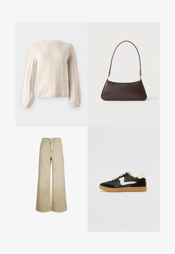 Pull en maille torsadée couleur crème avec de longues manches bouffantes et des poignets et un bas côtelés, doté d'un col rond.; Jean beige à taille haute et jambes larges, avec bouton et fermeture éclair à l'avant, passants pour ceinture et poches avant.; Baskets en daim et cuir noir avec un swoosh latéral crème et un talon crème clair. Dotées de lacets beige et d'une semelle en caoutchouc gomme.; Sac à main en cuir marron foncé avec une fermeture éclair incurvée en haut et une fine bandoulière avec des fermoirs dorés sur un fond uni.