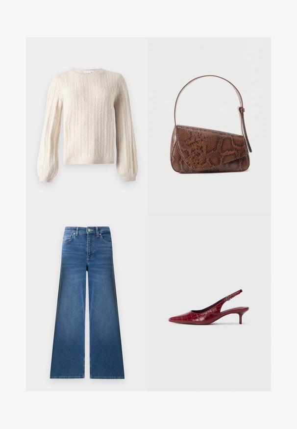 Πουλόβερ σε κρεμ απόχρωση πλεκτό με κόμπο (cable knit), με μακριά μπαλονάτα μανίκια, ριμπ μανσέτες και τελείωμα, με στρογγυλή λαιμόκοψη.; Μπλε τζιν παντελόνι με φαρδιά μπατζάκια, μπροστινές και πίσω τσέπες, θηλιές για ζώνη και κλείσιμο με κουμπί.; Μπορντώ δερμάτινη γόβα slingback με υφή κροκοδείλου, μυτερή μύτη, ρυθμιζόμενο λουράκι με πόρπη και χαμηλό τακούνι kitten σε λευκό φόντο.; Καφέ δερμάτινη τσάντα ώμου με σχέδιο φολιδωτού δέρματος φιδιού, με κλείσιμο με καπάκι και έναν ρυθμιζόμενο ιμάντα, σε απλό φόντο.