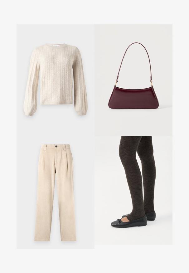 Πουλόβερ σε κρεμ απόχρωση πλεκτό με κόμπο (cable knit), με μακριά μπαλονάτα μανίκια, ριμπ μανσέτες και τελείωμα, με στρογγυλή λαιμόκοψη.; Μπεζ κοτλέ παντελόνι ίσιας γραμμής με βρόχους ζώνης, πιέτες μπροστά, τσέπες και μαύρο κουμπί κλεισίματος στη μέση.; Πόδια με σκουρόχρωμα ριμπ κολάν συνδυασμένα με μαύρα μπαλαρίνα παπούτσια με μικρές λεπτομέρειες φιόγκων σε λευκό φόντο.; Σκούρα μπουρντόρ γυαλιστερή τσάντα με μια λεπτή λαβή και κομψό, τραπεζοειδές σχήμα σε απλό ανοιχτό φόντο.