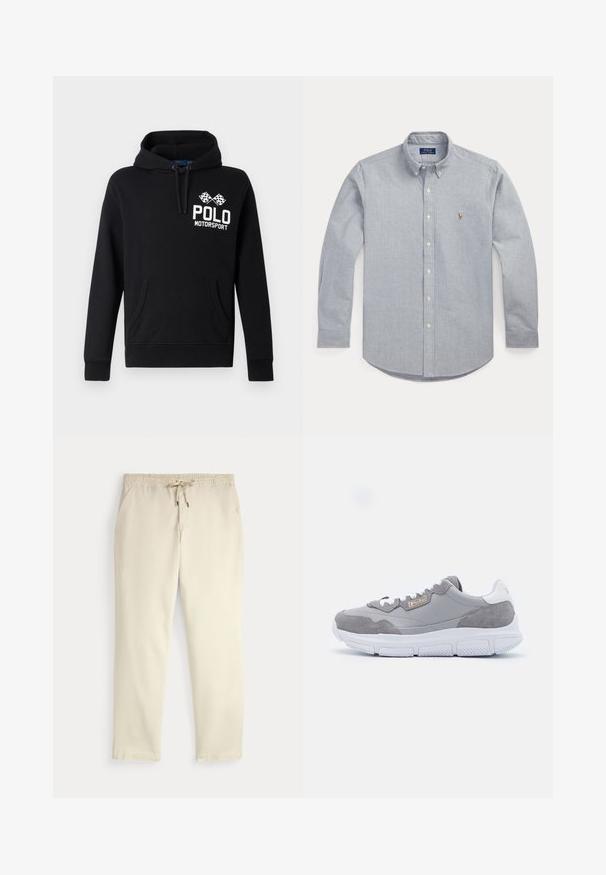 Schwarzer Hoodie aus Baumwollmischung mit einer frontalen Kängurutasche. Mit weißem "POLO MOTORSPORT" Text und einem Design mit gekreuzten Schachbrettflaggen.; Hellblaues Hemd aus weichem Stoff mit Knöpfen; verfügt über einen spitzen Kragen, lange Ärmel und ein kleines, gesticktes Logo auf der Brust.; Beige legere Hosen mit elastischem Bund und Kordelzug, gerade Hosenbeine und seitlichen Taschen vor einem einfarbigen Hintergrund.; Graue sportliche Sneakers aus Wildleder und synthetischem Material, weiße Gummisohle, Schnürdesign und goldener Logoakzent an der Seite.