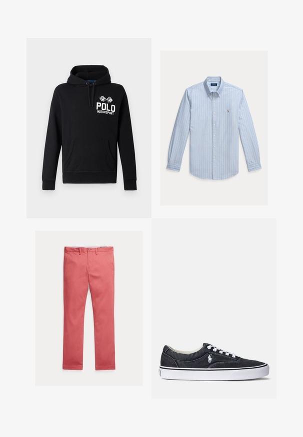 Schwarzer Hoodie aus Baumwollmischung mit einer frontalen Kängurutasche. Mit weißem "POLO MOTORSPORT" Text und einem Design mit gekreuzten Schachbrettflaggen.; Hellblaues Langarm-Hemd mit weißen vertikalen Streifen und einem kleinen gestickten Polo Ralph Lauren Logo auf der Brust.; Korallenfarbene Baumwoll-Chinos mit geradem Bein, vorne mit Knopfverschluss, Gürtelschlaufen und Seitentaschen. Sauber geschnittener Stil mit aufgerollten Säumen.; Schwarze Denim-Sneaker mit weißen Schnürsenkeln und Gummisohlen. Mit einem kleinen weißen Logo an der Seite und kontrastierenden Nähten. Flaches Design.