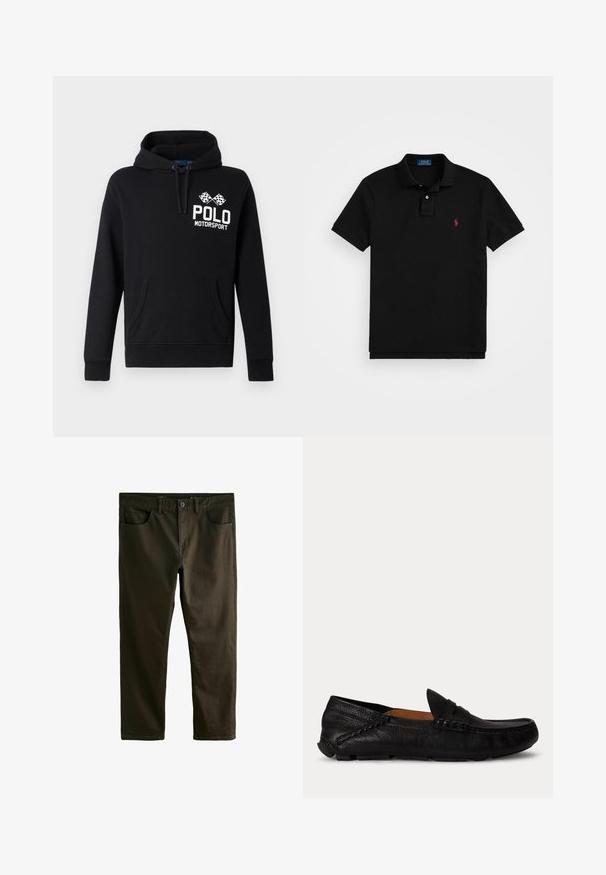 Schwarzer Hoodie aus Baumwollmischung mit einer frontalen Kängurutasche. Mit weißem "POLO MOTORSPORT" Text und einem Design mit gekreuzten Schachbrettflaggen.; Schwarzes Poloshirt aus Baumwolle mit klassischem Kragen, kurzen Ärmeln und einem kleinen roten Logo auf der linken Brust.; Slim-Fit-Hosen aus dunkelgrünem Baumwollstoff. Sie verfügen über Fronttaschen, einen Knopfverschluss und eine glatte Textur mit minimalen Details.; Schwarzer Leder-Slipper mit abgerundeter Spitze und genähten Details an den Seiten und oben, seitlich auf weißem Hintergrund gezeigt.