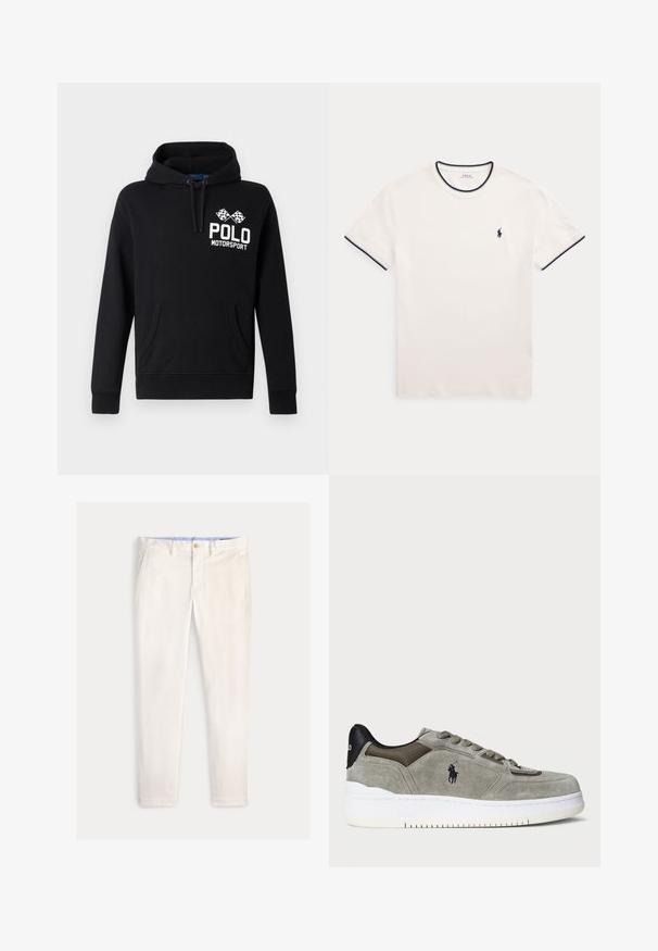 Sort hættetrøje lavet af bomuldsblanding med en front kangaroo lomme. Har hvid "POLO MOTORSPORT" tekst og et design med krydsede ternede flag.; Hvid T-shirt med korte ærmer og rund hals med marineblå kant ved krave og ærmer, med lille marineblåt Polo Ralph Lauren-hestelogo på venstre bryst.; Herre slim-fit off-white bukser med frontlommer, bæltestropper og knaplukning på en ensfarvet baggrund.; Grå ruskinds sneaker med en struktureret overdel, kontrastfyldt sort hæl, hvid sål og broderet logo. Snørebåndsdesign med seks snørehuller.